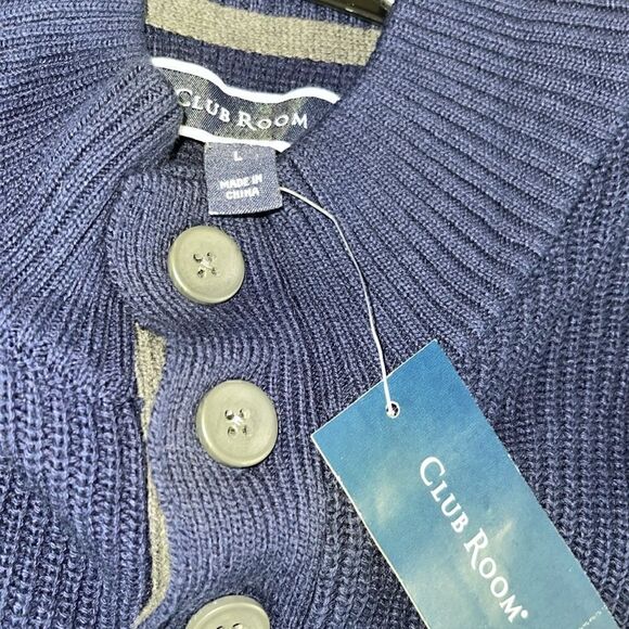 Club Room Sweater Mens Large Button Mock neck knit Cotton Navy blue New - Picture 7 of 10